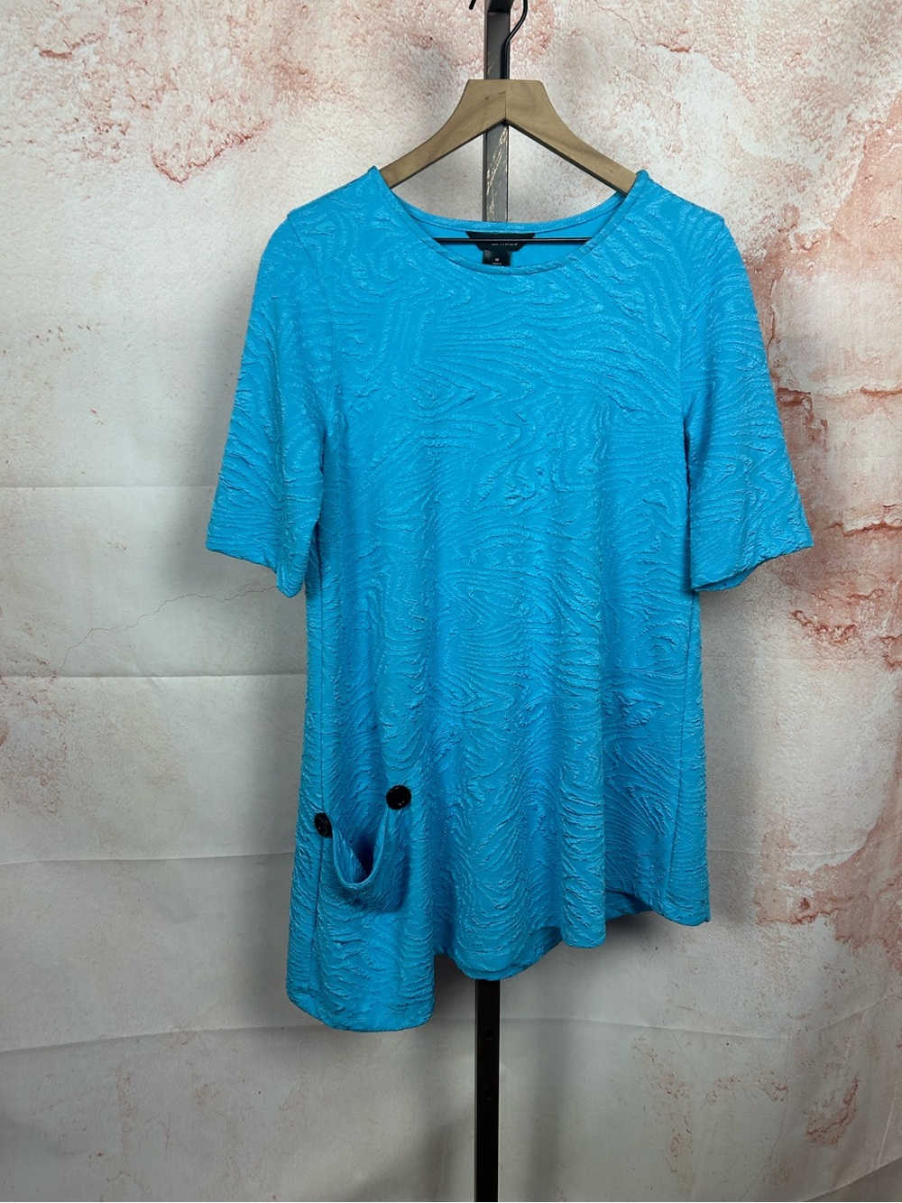 ALI MILES aqua textured asymmetric tunic top size medium artsy lagenlook shirt